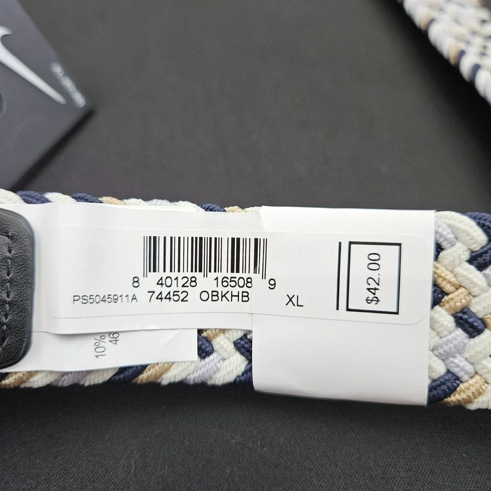 Nike Essentials Woven Stretch Braided Golf Belt Navy Tan White XL 42-44 New